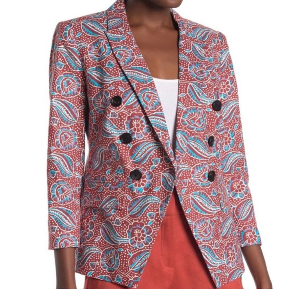 Veronica Beard Blazer Red Floral Print Linen Empire Dickey Jacket New